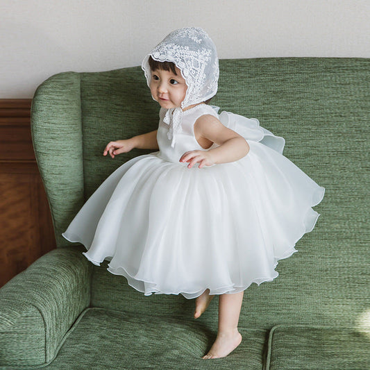 White Princess Organza Flower Girl Dress with Ruffles & Beading