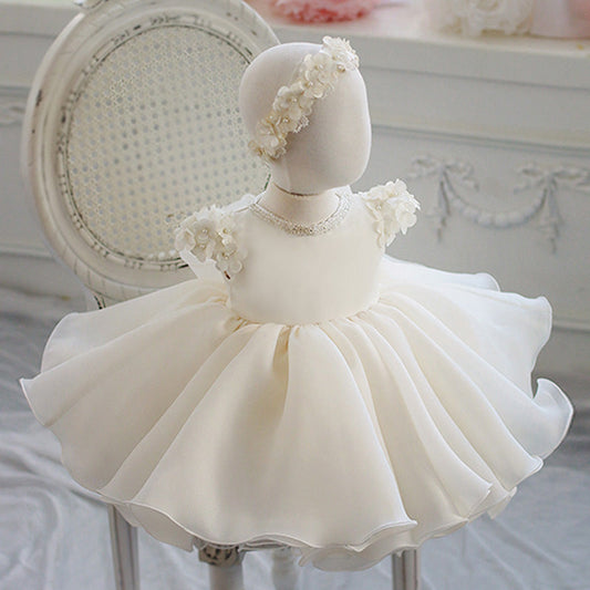 White Princess Organza Flower Girl Dress with Ruffles and Flowers