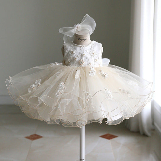 White Princess Organza Flower Girl Dress with Ruffles