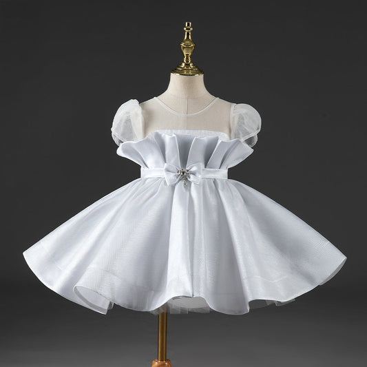White Princess Organza Flower Girl Dress with Ruffles