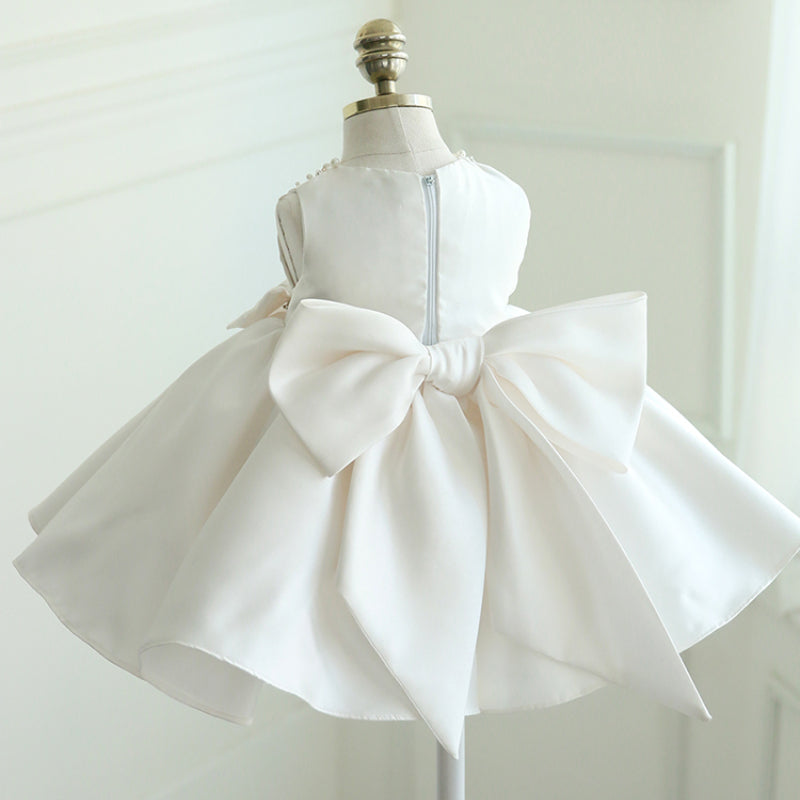 White Satin Princess Dress for Girls – Beaded Bow, Sleeveless, Knee Length