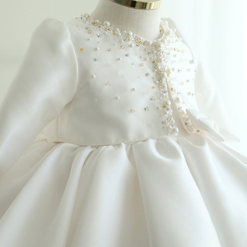 White Satin Princess Dress for Girls – Beaded Bow, Sleeveless, Knee Length