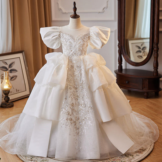 White Princess Satin Flower Girl Dress with Puff Sleeves