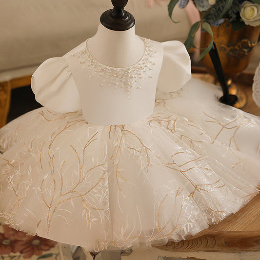 White Princess Tea-Length Flower Girl Dress with Beaded Lace