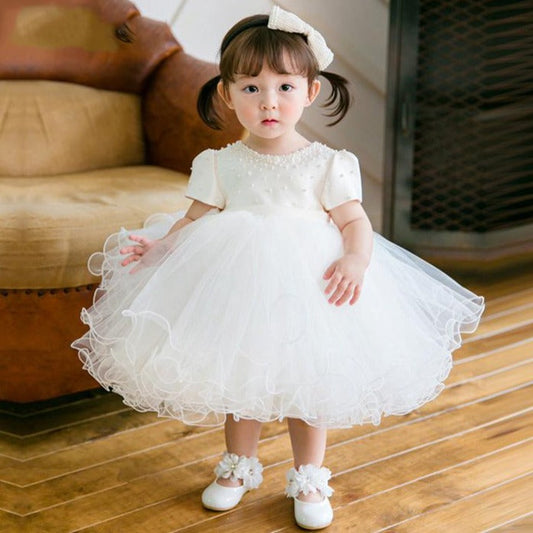 White Princess Tea-Length Flower Girl Dress with Cascading Ruffles