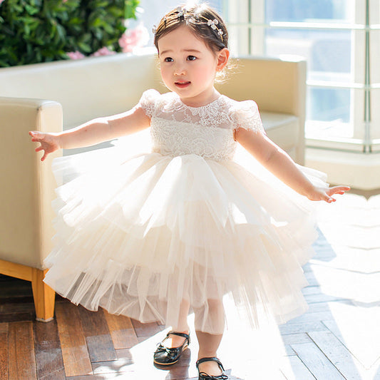White Princess Tea-Length Flower Girl Dress with Lace & Bows