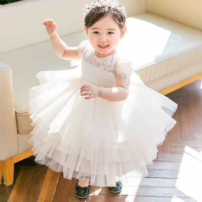 White Princess Tea-Length Flower Girl Dress with Lace & Bows