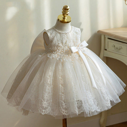 White Princess Tea-Length Flower Girl Dress with Lace Sequins