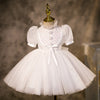 White Princess Tea-Length Flower Girl Dress with Lantern Sleeves