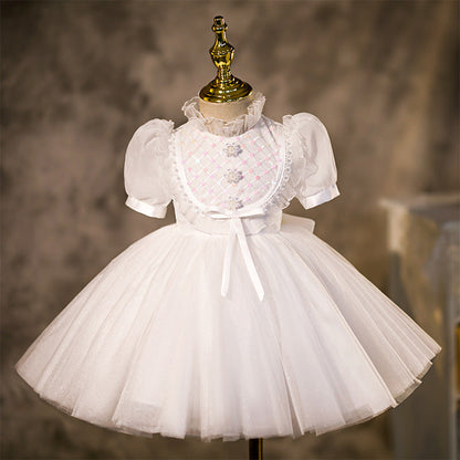 White Princess Tea-Length Flower Girl Dress with Lantern Sleeves
