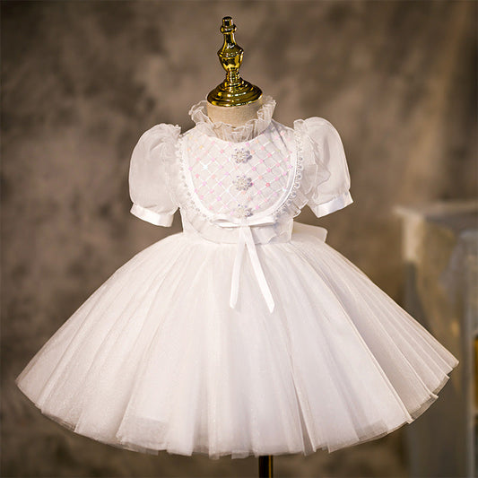 White Princess Tea-Length Flower Girl Dress with Lantern Sleeves