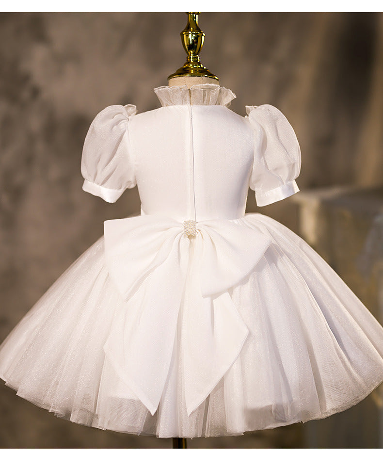 White Princess Tea-Length Flower Girl Dress with Lantern Sleeves