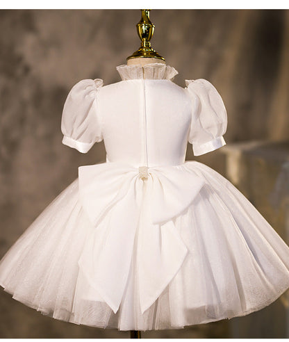 White Princess Tea-Length Flower Girl Dress with Lantern Sleeves