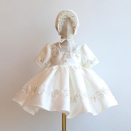 White Princess Tea-Length Flower Girl Dress with Ruffle Sleeves