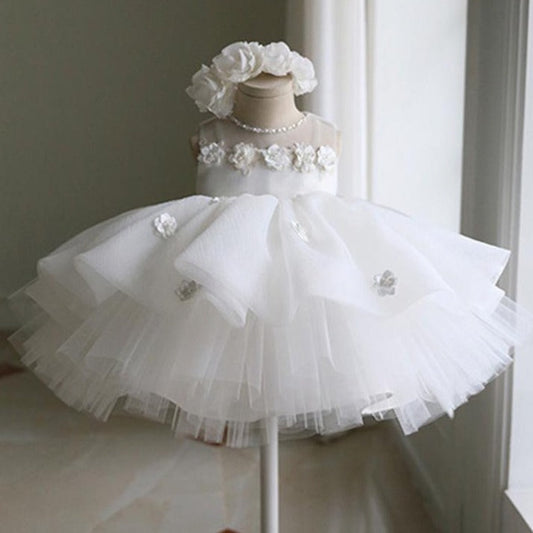 White Princess Tea-Length Flower Girl Dress with Tulle