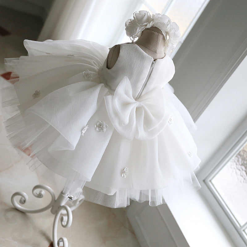 White Princess Tea-Length Flower Girl Dress with Tulle