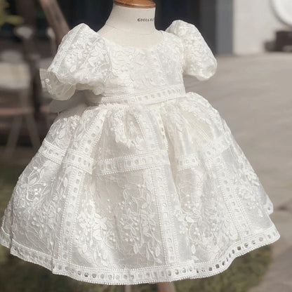 White Princess Tea-Length Lace Flower Girl Dress with Bow