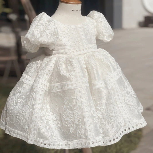 White Princess Tea-Length Lace Flower Girl Dress with Bow