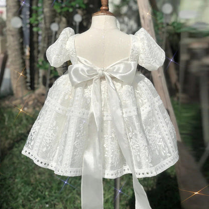 White Princess Tea-Length Lace Flower Girl Dress with Bow