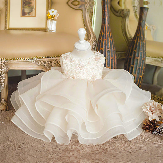 White Princess Tea-Length Organza Flower Girl Dress