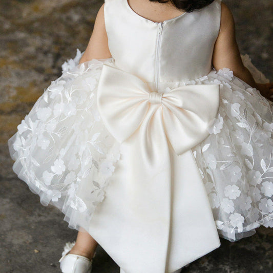 White Princess Tea-Length Satin Flower Girl Dress