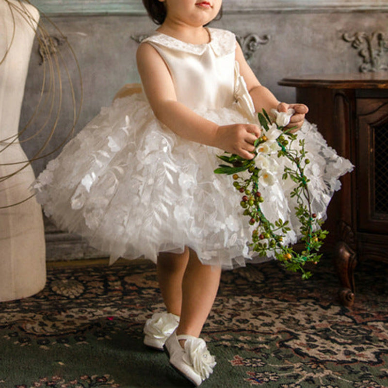 White Princess Tea-Length Satin Flower Girl Dress