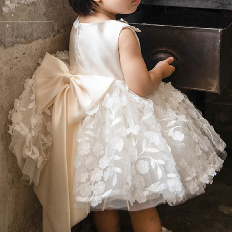 White Princess Tea-Length Satin Flower Girl Dress