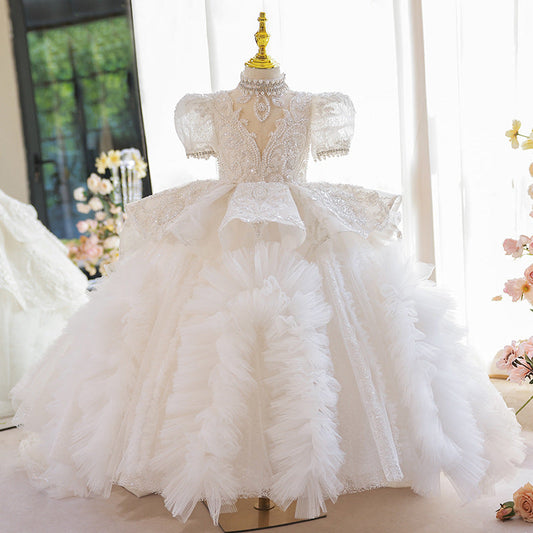 White Princess V-Neck Sequined Tulle Dress for Flower Girls & Special Occasions