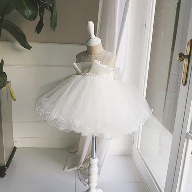 White Satin & Tulle Princess Flower Girl Dress: Boat Neck