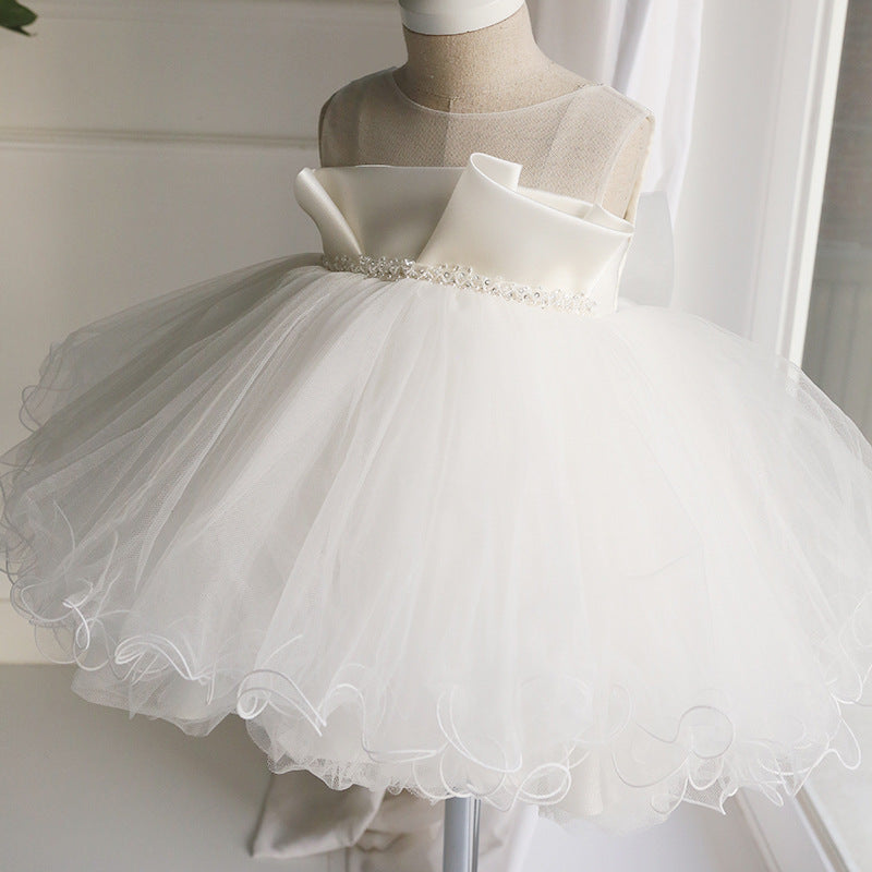 White Satin & Tulle Princess Flower Girl Dress: Boat Neck