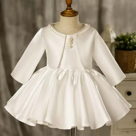 White Satin A-Line Flower Girl Dress Beaded Boat Neck Ruffle