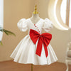 White Satin A-Line Flower Girl Dress Bow V-Neck Puff Sleeve
