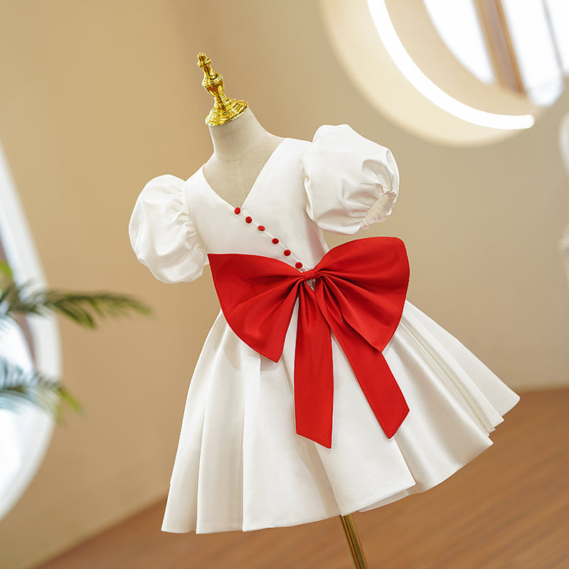 White Satin A-Line Flower Girl Dress Bow V-Neck Puff Sleeve