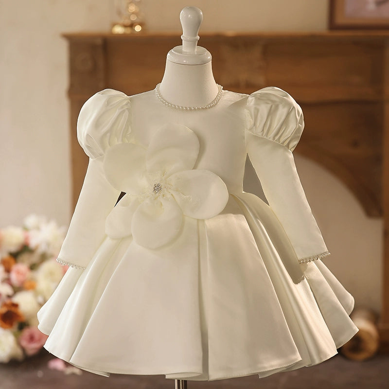 White Satin A-Line Flower Girl Dress with Beaded Flowers