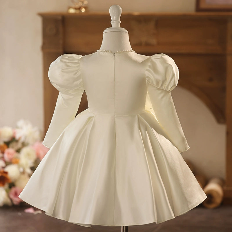 White Satin A-Line Flower Girl Dress with Beaded Flowers
