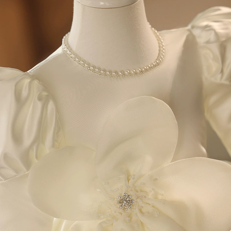 White Satin A-Line Flower Girl Dress with Beaded Flowers
