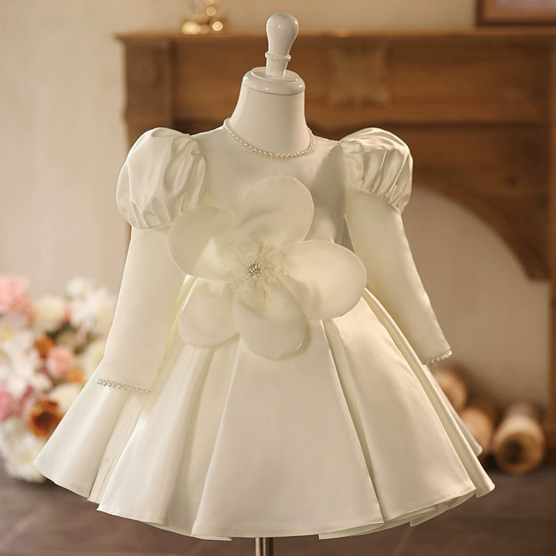 White Satin A-Line Flower Girl Dress with Beaded Flowers