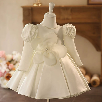 White Satin A-Line Flower Girl Dress with Beaded Flowers
