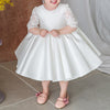 White Satin A-Line Flower Girl Dress with Lace & Bows