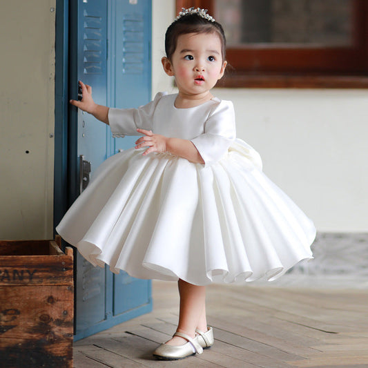 White Satin A-Line Flower Girl Dress with Long Sleeves and Ruffles