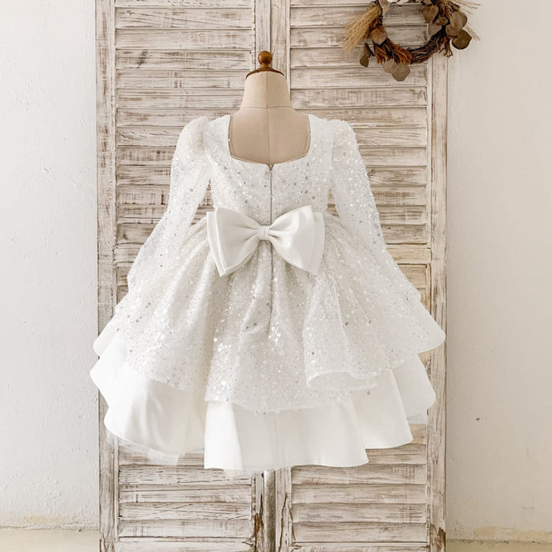 White Satin A-Line Flower Girl Dress with Sequins & Ruffles