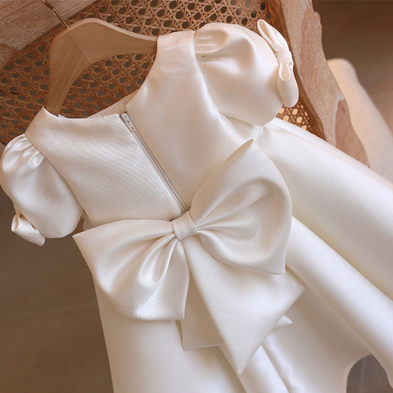 White Satin A-Line Flower Girl Dress: Square Neck Bows