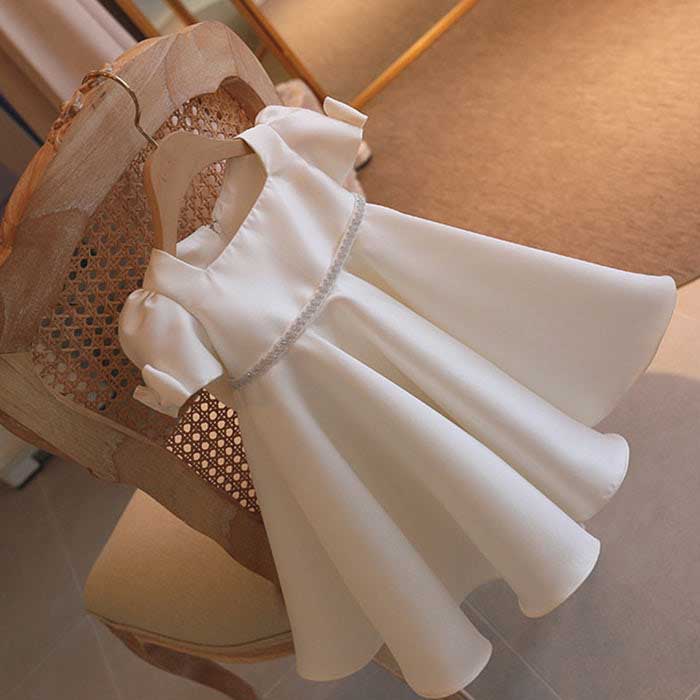White Satin A-Line Flower Girl Dress: Square Neck Bows