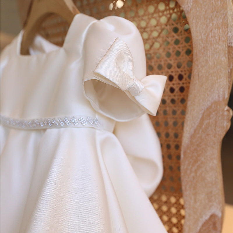 White Satin A-Line Flower Girl Dress: Square Neck Bows