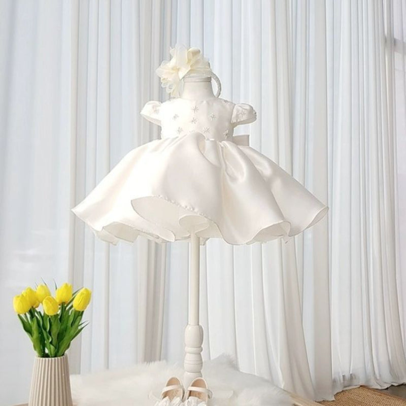 White Satin Ball Gown Dress for Girls with Sequins & Bows – Flower Girl & Special Occasion