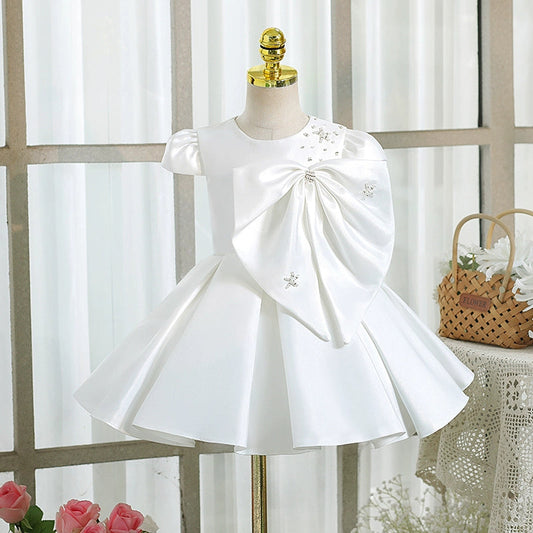 White Satin Ball Gown for Girls – Short Sleeve Flower Girl Party Dress with Bow