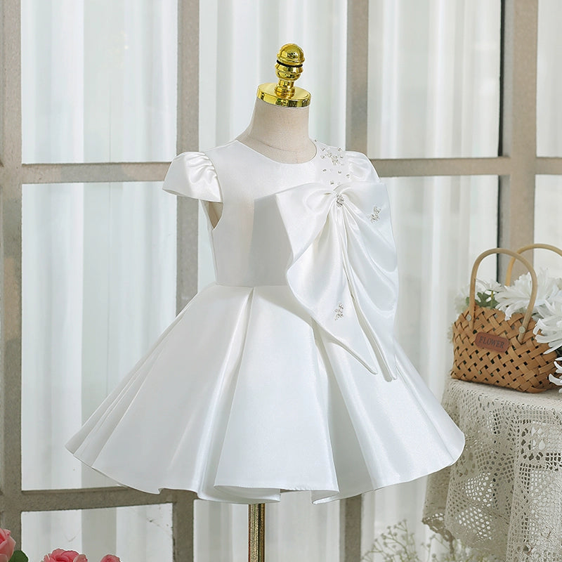 White Satin Ball Gown for Girls – Short Sleeve Flower Girl Party Dress with Bow