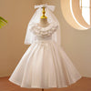 White Satin Flower Girl Dress | Lace & Cascading Ruffles