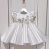 White Satin Flower Girl Dress with Sequins and Bows