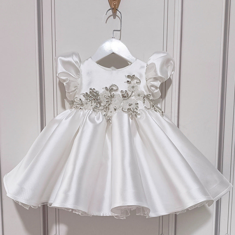 White Satin Flower Girl Dress with Beaded Floral Accents